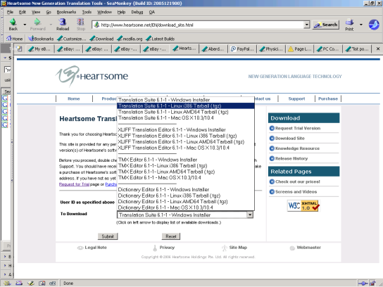 Heartsome Translation Tools Download Site showing pop-up list for selection of package to download with Translation Suite 6.1-1-Linuxi386Tarball(.tgz) selected.