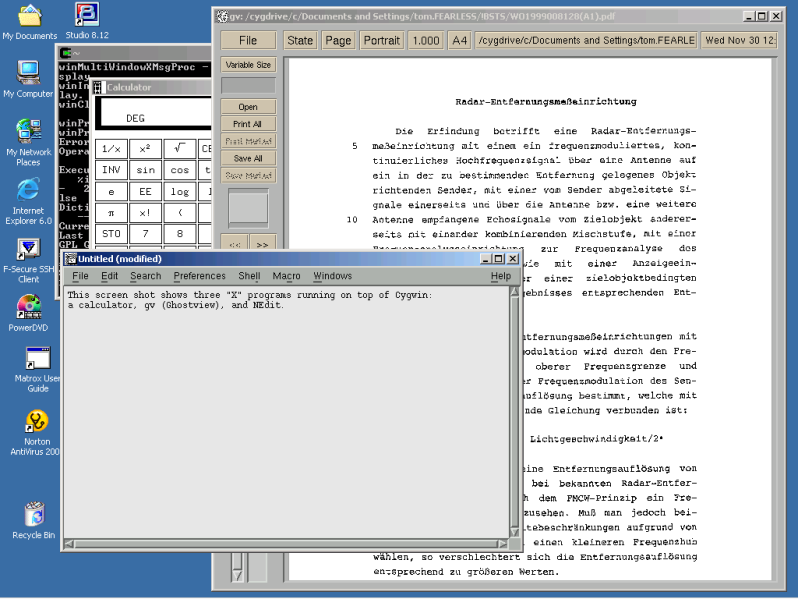 Screen shot showing 3 "X" applications — a calculator, NEdit, and Ghostview — launched from Cygwin running on Windows 2000; Ghostview is displaying a pdf file of a German-Language international patent application. Screen shot showing 3 "X" applications — a calculator, NEdit, and Ghostview — launched from Cygwin running on Windows 2000; Ghostview is displaying a pdf file of a German-Language international patent application.